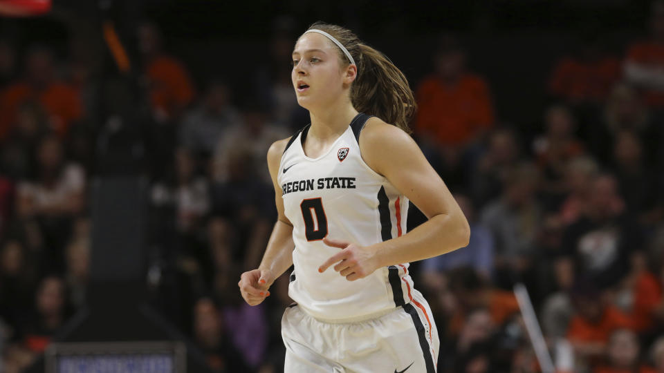 Oregon State's Mikayla Pivec is leading her team through a season-opening tournament test. (AP Photo/Chris Pietsch)