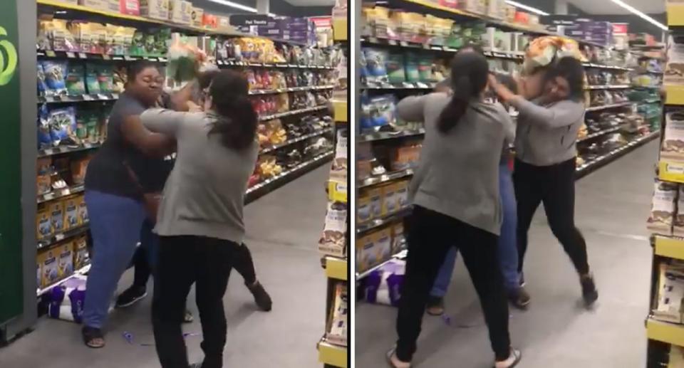 Two women fight over toilet paper in Chullora Woolworths.