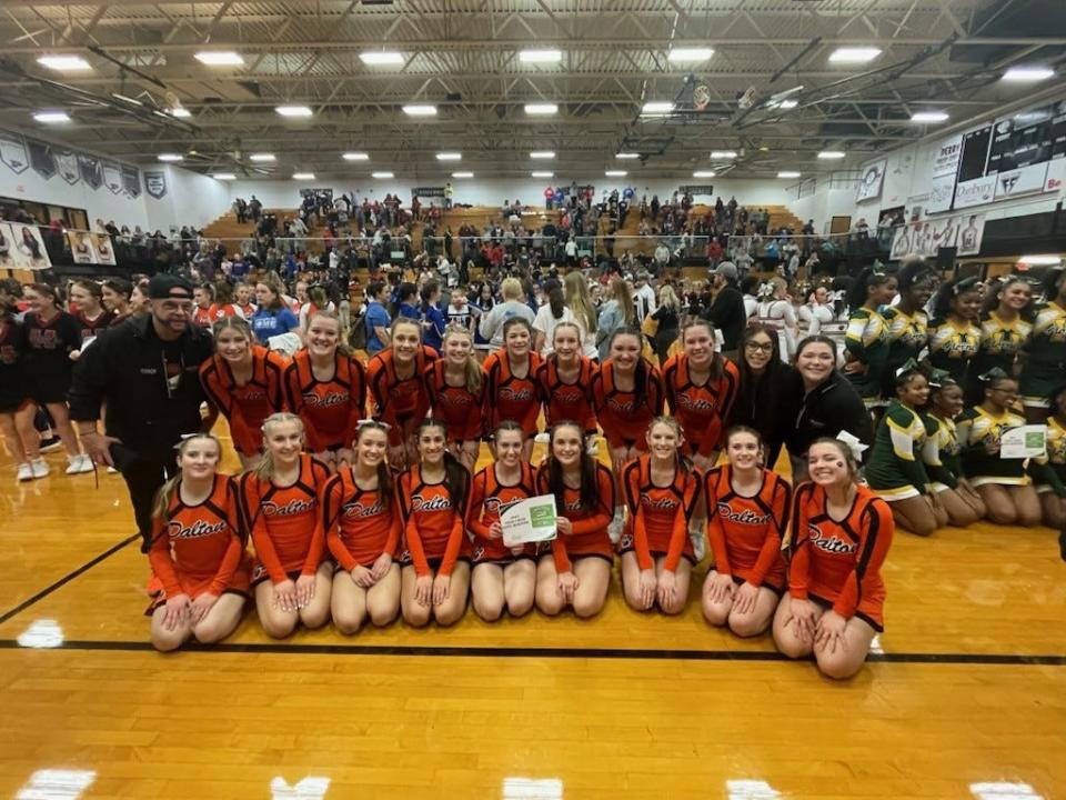 State-bound Dalton Cheerleading squad: Row 1 (L-R) Jordan Peters, Sophia Carpenter, Sarah Cross, Sophia Salehi, Paige Tomlison, Rachel Vance, Riley Steiner, Lexi Zeleski and Skylar McConnell. Row 2 (L-R) Coach Don Stoll, Jenna Fink, Hayden Peters, Ava Sweeney, Hudson Saxer, Megan Marciniak, Madigan Reynolds Abbie Bockey, Jody Miller, Solei Perez and Abriana McCourt. (Missing is assistant coach Hailey Bennett)