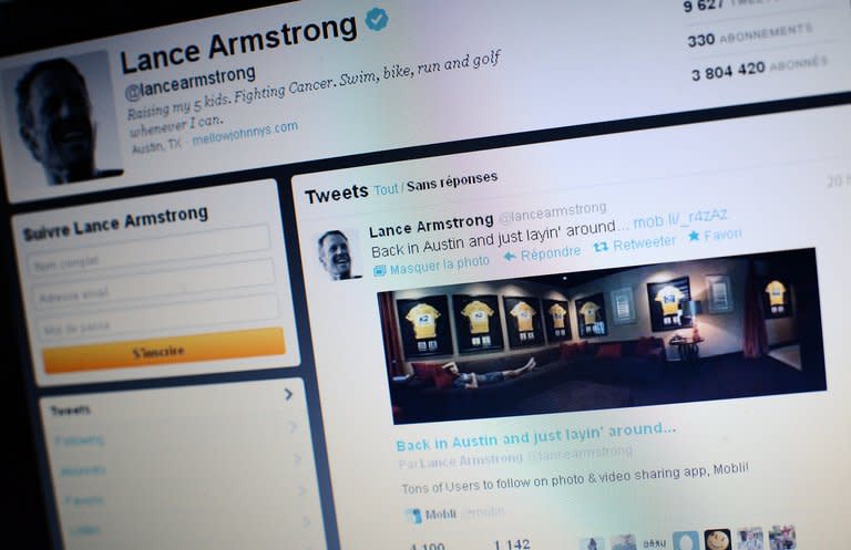 A picture taken on November 11, 2012 shows a computer screen featuring a web page with a picture posted by Lance Armstrong with his framed seven Tour de France winners jerseys in his Austin home. Armstrong plans to admit to doping for the first time in an interview with Oprah Winfrey that will be taped on Monday at the disgraced cyclist's home in Austin, Texas, USA Today reported