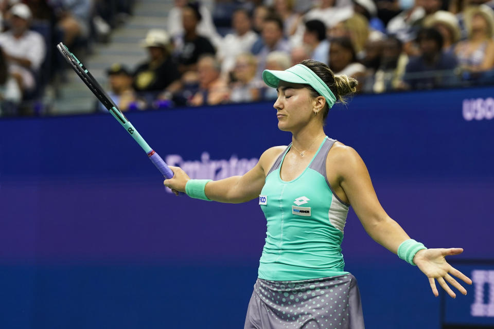 Danka Kovinic, of Montenegro, reacts after losing a point to Serena Williams, of the United States, during the first round of the US Open tennis championships, Monday, Aug. 29, 2022, in New York. (AP Photo/John Minchillo)