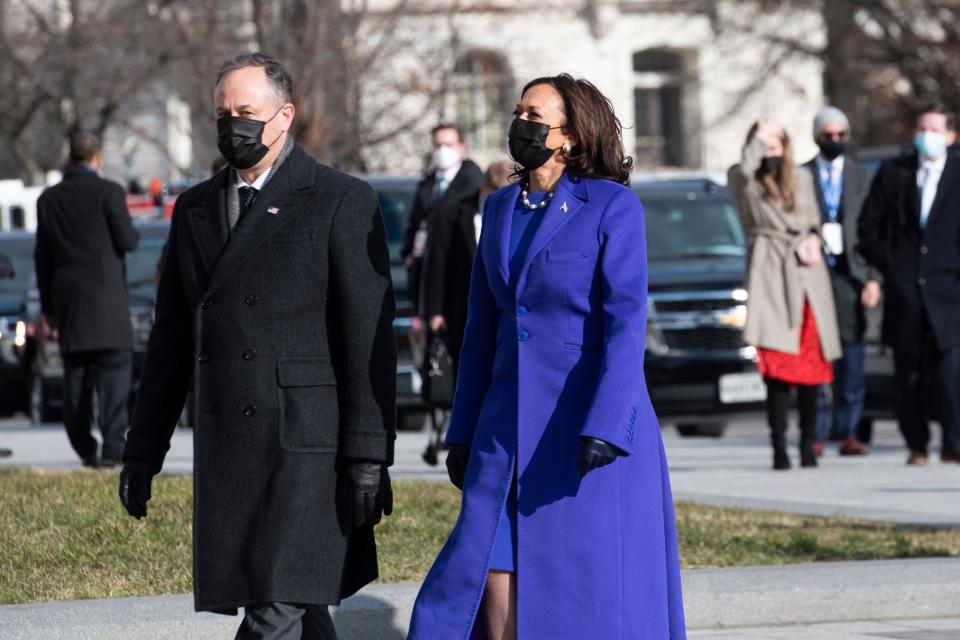 Vice President Kamala Harris and her husband, Doug Emhoff, arrive at the U.S. Capitol on Wednesday. (Photo: ROD LAMKEY via Getty Images)