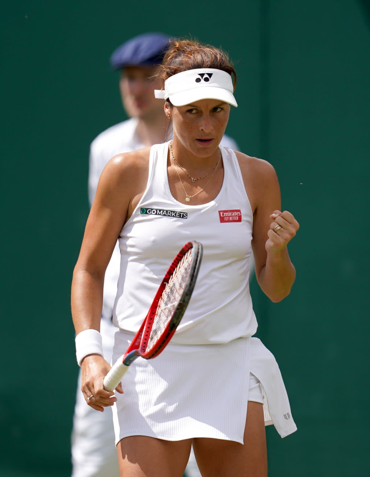 Tatjana Maria celebrates after beating Maria Sakkari in the third round at Wimbledon (John Walton/PA) (PA Wire)