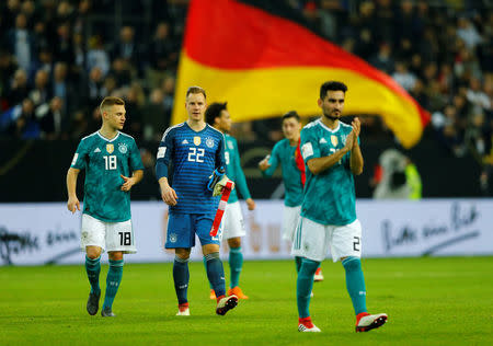 Soccer Football - International Friendly - Germany vs Spain - ESPRIT arena, Dusseldorf, Germany - March 23, 2018 Germany’s Joshua Kimmich and Marc-Andre ter Stegen applaud their fans after the match REUTERS/Thilo Schmuelgen