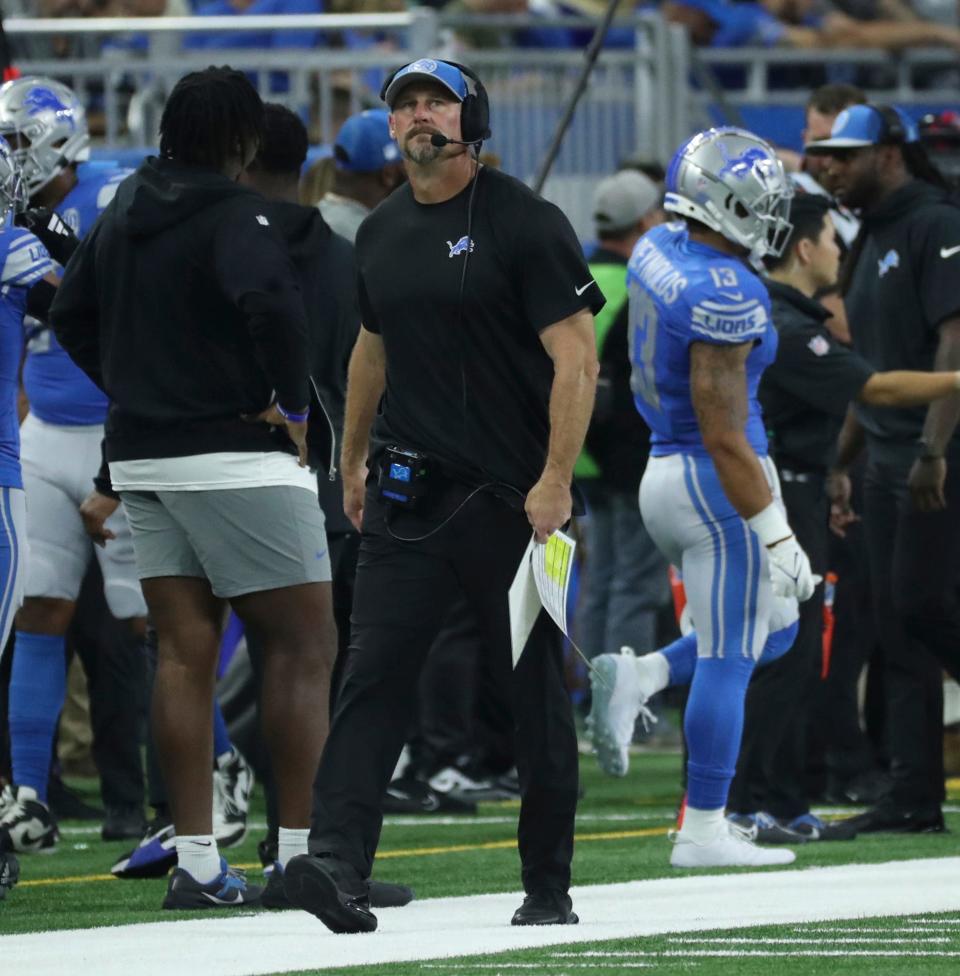 Detroit Lions head coach Dan Campbell on the sidelines during action against the Seattle Seahawks Sunday, Sept.17 2023.