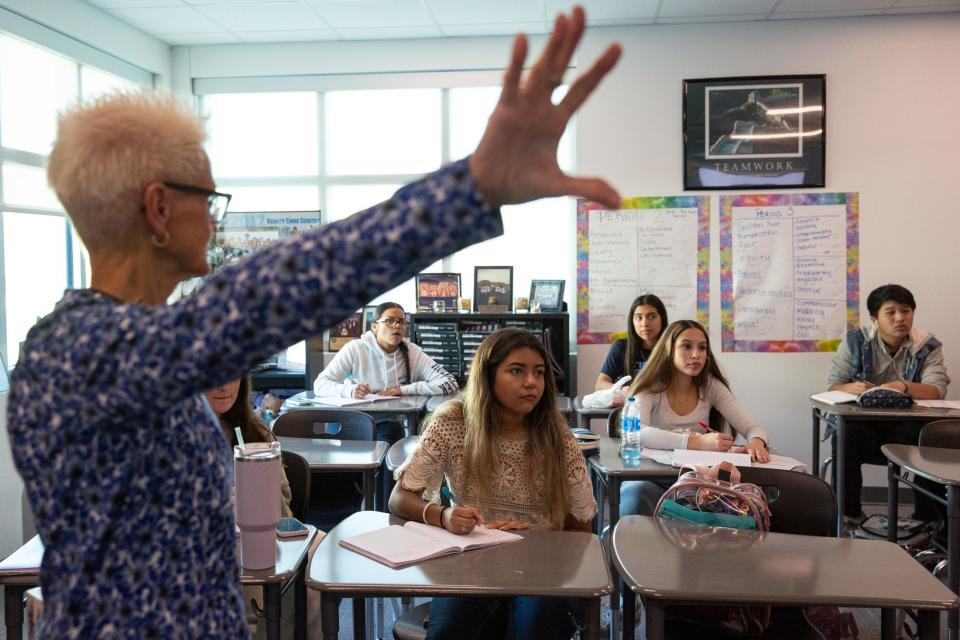 AP U.S. history juniors listen to a lecture by Coach Tracie Jensen and take notes at Carroll High School on Wednesday, Oct. 18, 2023, in Corpus Christi, Texas.