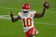 Kansas City Chiefs wide receiver Tyreek Hill (10) runs into the end zone for a touchdown against the Las Vegas Raiders during the first half of an NFL football game, Sunday, Nov. 22, 2020, in Las Vegas. (AP Photo/David Becker)