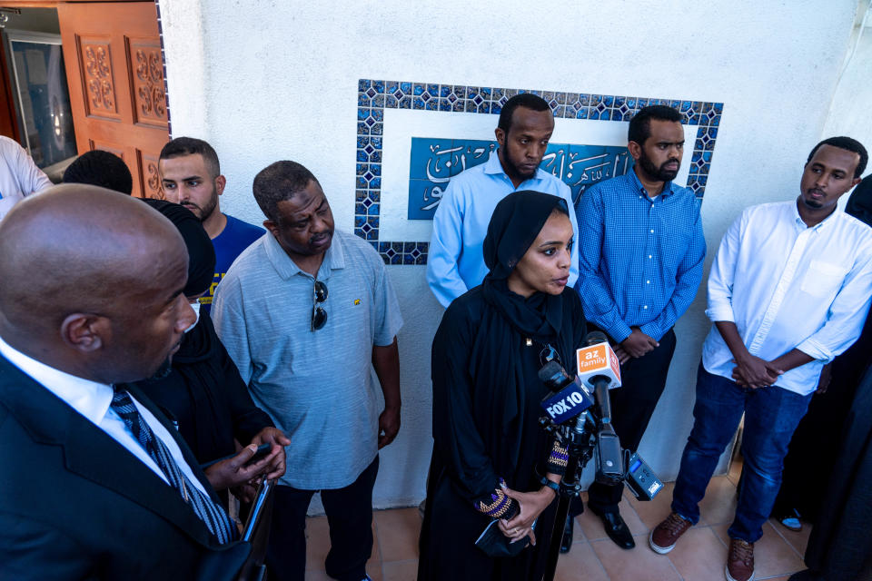 Azza Abuseif, executive director of CAIR Arizona, speaks during a press conference after a memorial service for Ali Osman, 34, at the Islamic Community Center in Tempe on Sept. 30, 2022. Osman was fatally shot by Phoenix police officers on Sept. 24.