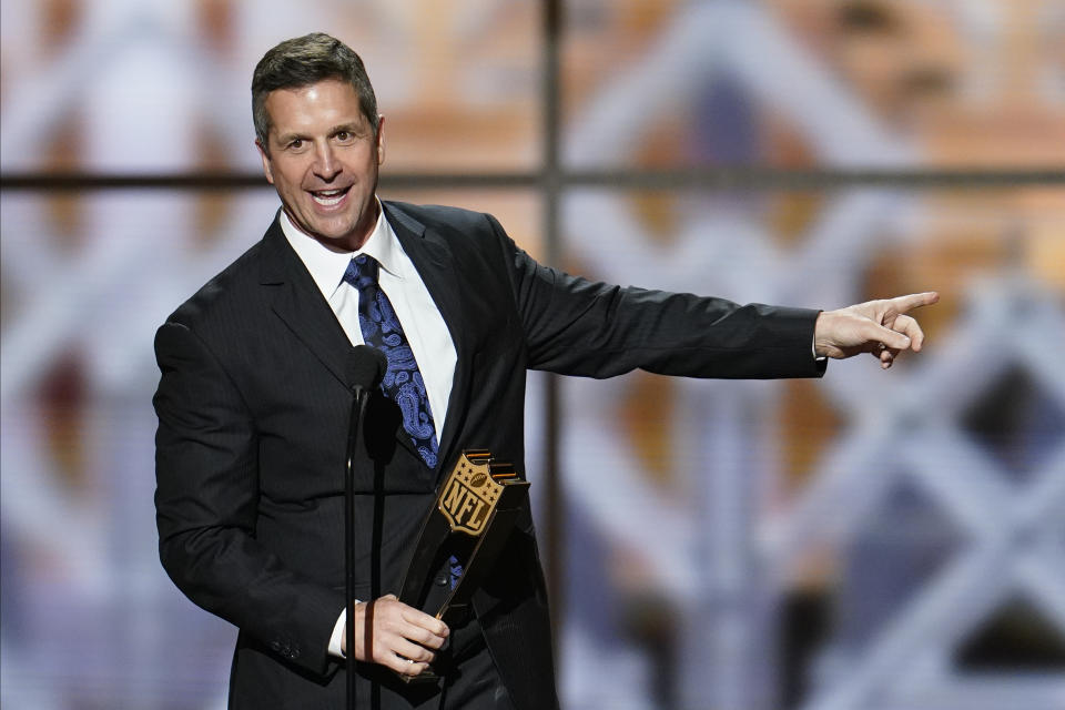 Baltimore Raven's John Harbaugh winning the AP Coach of the Year at the NFL Honors football award show Saturday, Feb. 1, 2020, in Miami. (AP Photo/David J. Phillip)