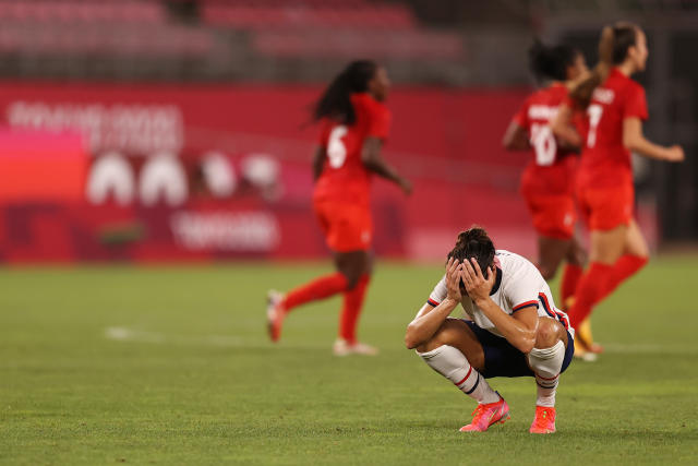 KASHIMA, JAPAN - AUGUST 02: Carli Lloyd #10 of Team United States looks dejected following defeat in the Women&#39;s Semi-Final match between USA and Canada on day ten of the Tokyo Olympic Games at Kashima Stadium on August 02, 2021 in Kashima, Ibaraki, Japan. (Photo by Francois Nel/Getty Images)