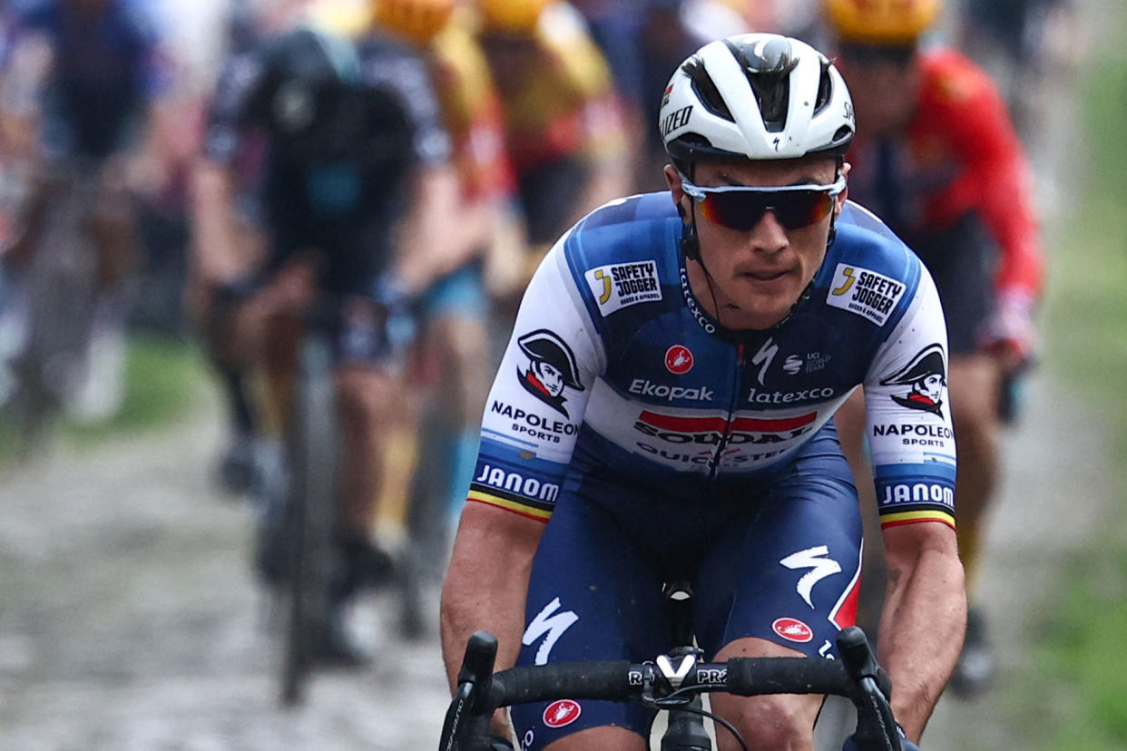  Soudal-QuickStep co-leader Yves Lampaert battles through the Arenberg during Paris-Roubaix 