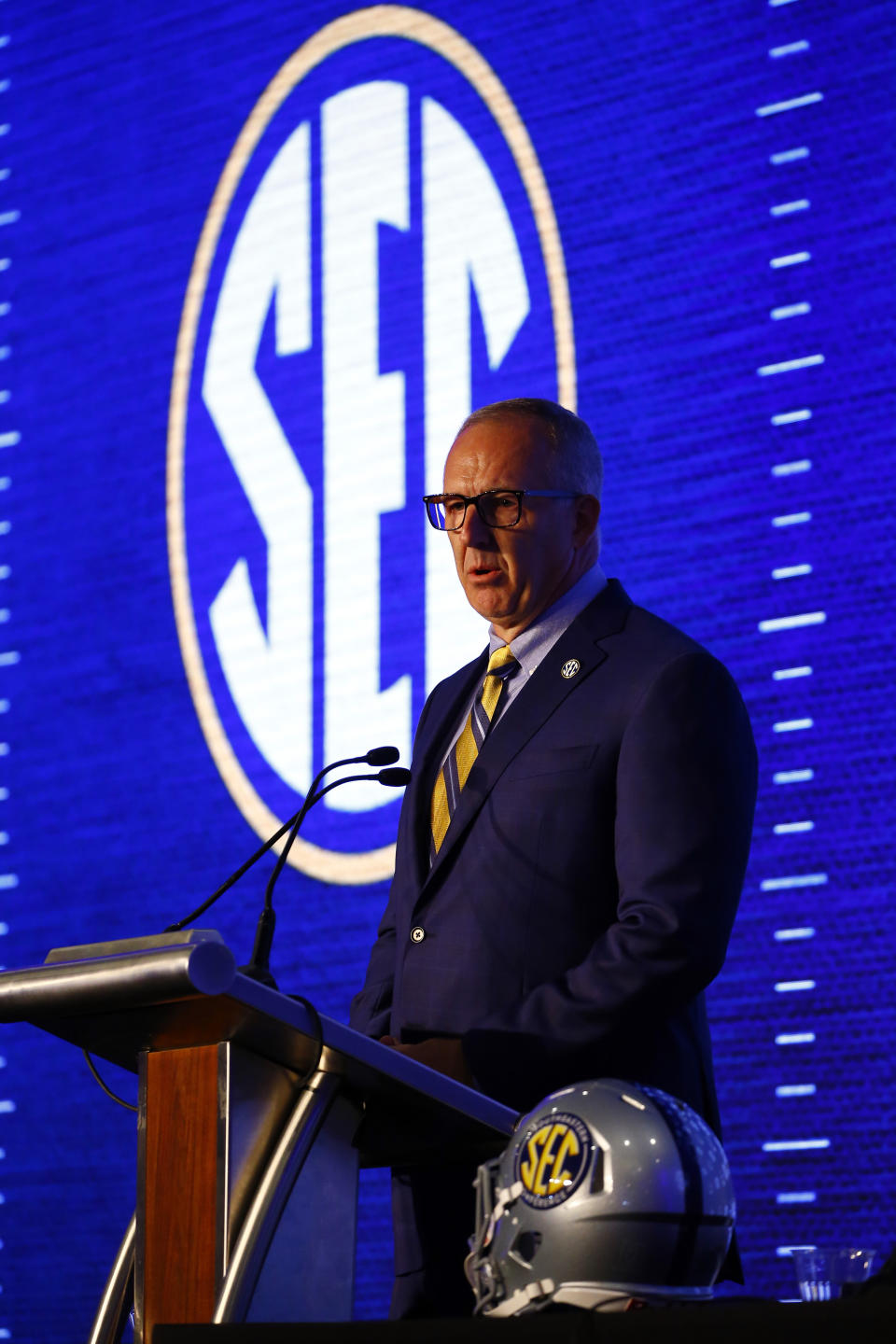Southeastern Conference commissioner Greg Sankey speaks during the NCAA college football Southeastern Conference Media Days at the Hyatt Regency Birmingham-Wynfrey Hotel, Monday, July 15, 2019, in Hoover, Ala. (AP Photo/Butch Dill)