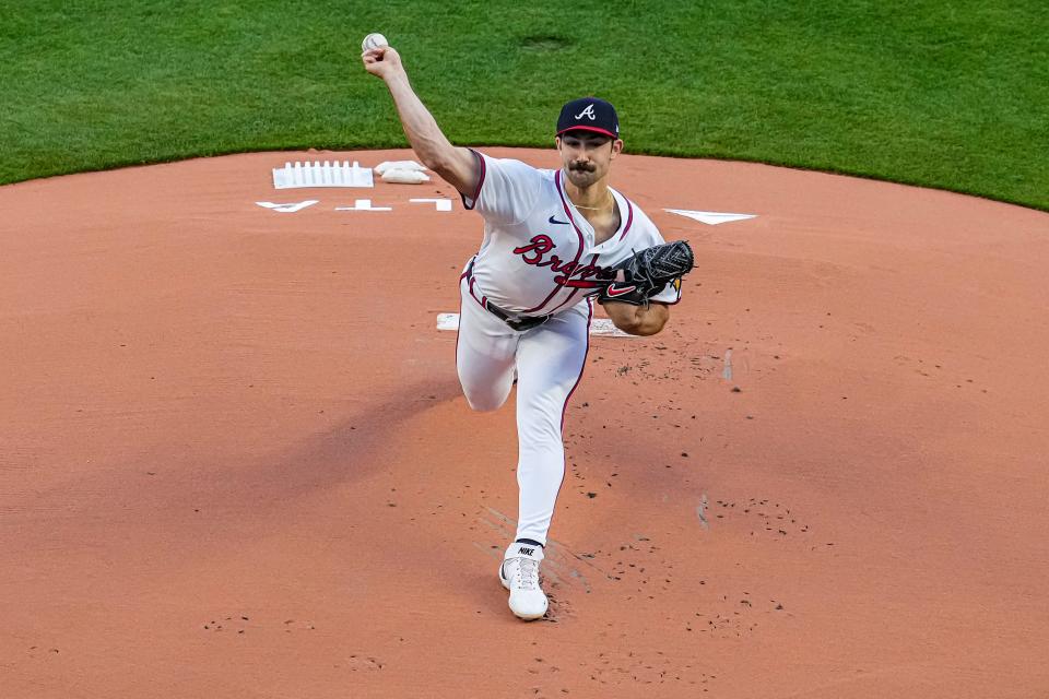 Atlanta Braves starter Spencer Strider (99) pitches against the Arizona Diamondbacks during a game on April 5. An MRI the next day revealed damage to his UCL.