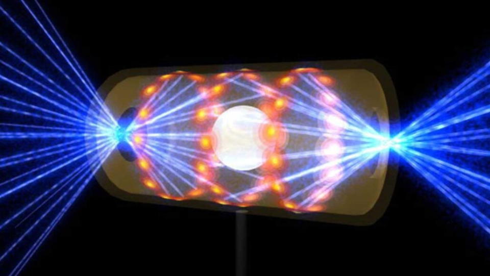 Graphic illustrates how LLNL physicists shot lasers at a small fuel pellet of hydrogen.