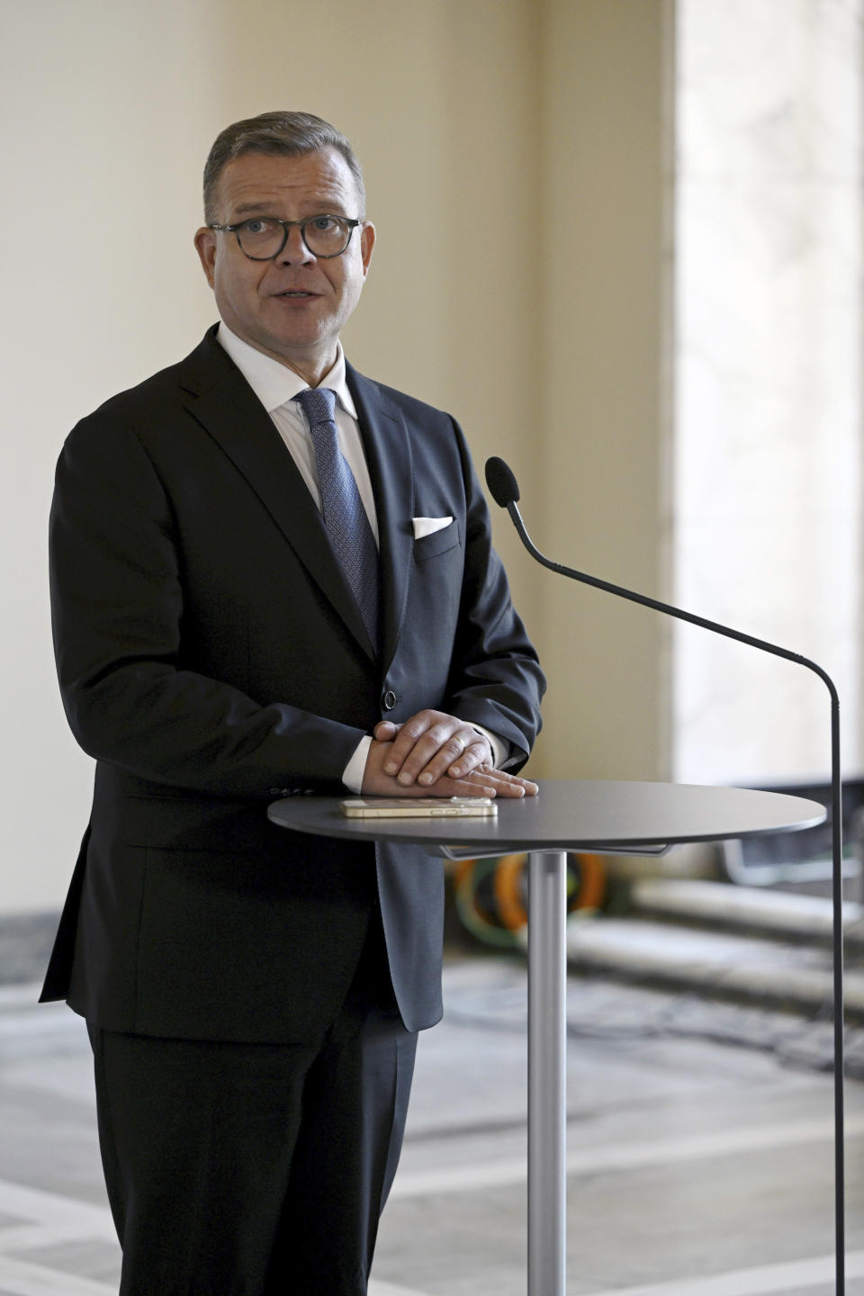 National Coalition Party chair Petteri Orpo speaks during his press conference after the parliament elected him as a new Prime Minister, at the Finnish Parliament in Helsinki, Finland, Tuesday June 20, 2023. (Antti Aimo-Koivisto/Lehtikuva via AP)