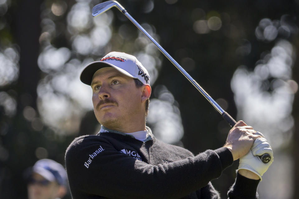 Joel Dahmen hits off the third tee during the second round of the RSM Classic golf tournament, Friday, Nov. 18, 2022, in St. Simons Island, Ga. (AP Photo/Stephen B. Morton)