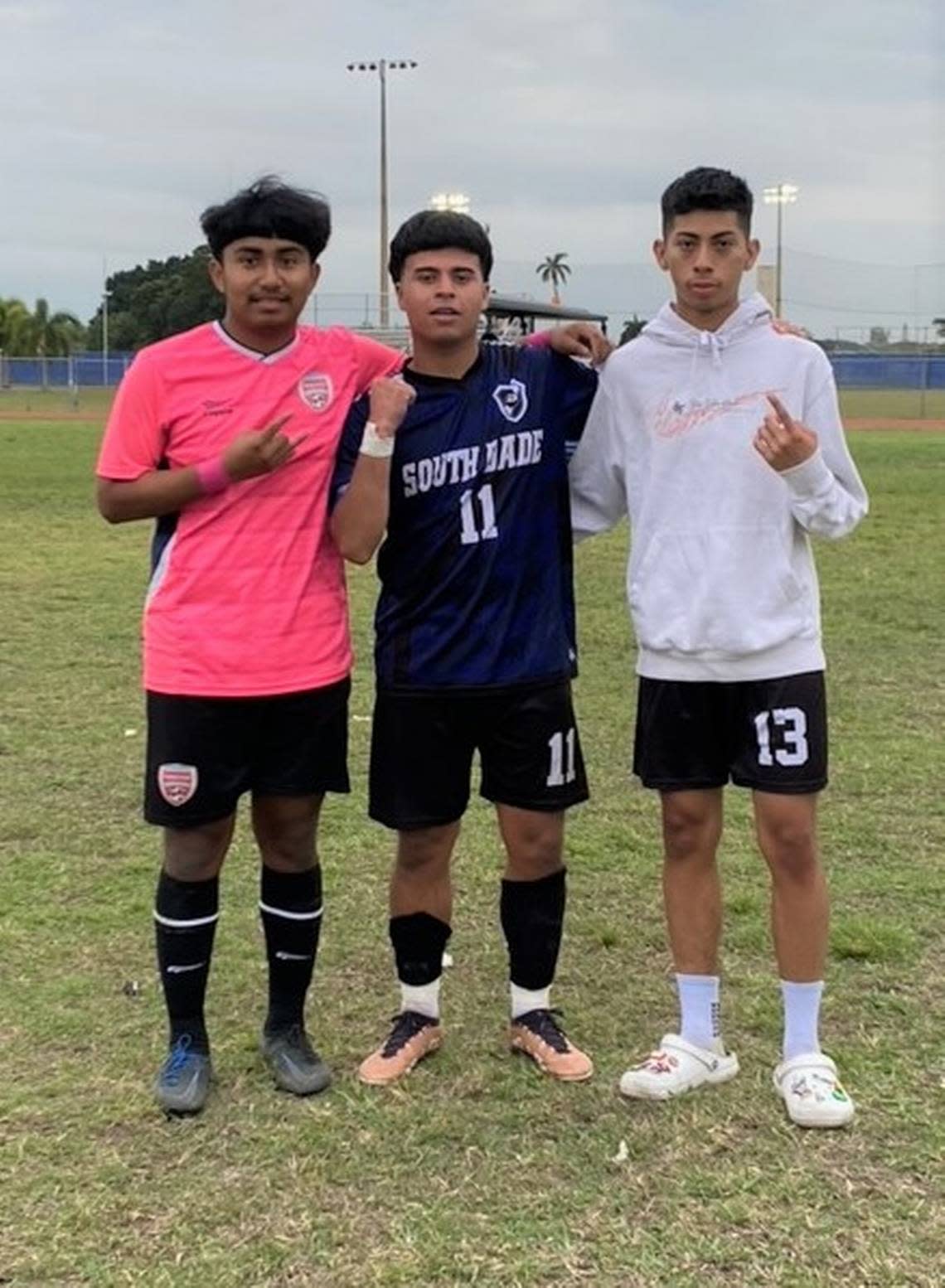 From left, Omar Elias, Ever Chavez and Enni Rodriguez are leading the South Dade boys’ soccer in the district playoffs.