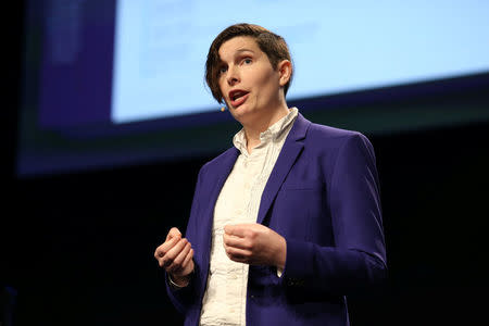 Leah Jones, Head of Engineering at Slack, presents during the business messaging company's event in San Francisco, California, U.S. January 31, 2017. REUTERS/Beck Diefenbach