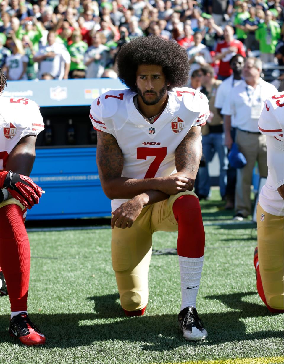 Colin Kaepernick was the first protester. He is no longer in the league. (2016 AP Photo/Ted S. Warren)