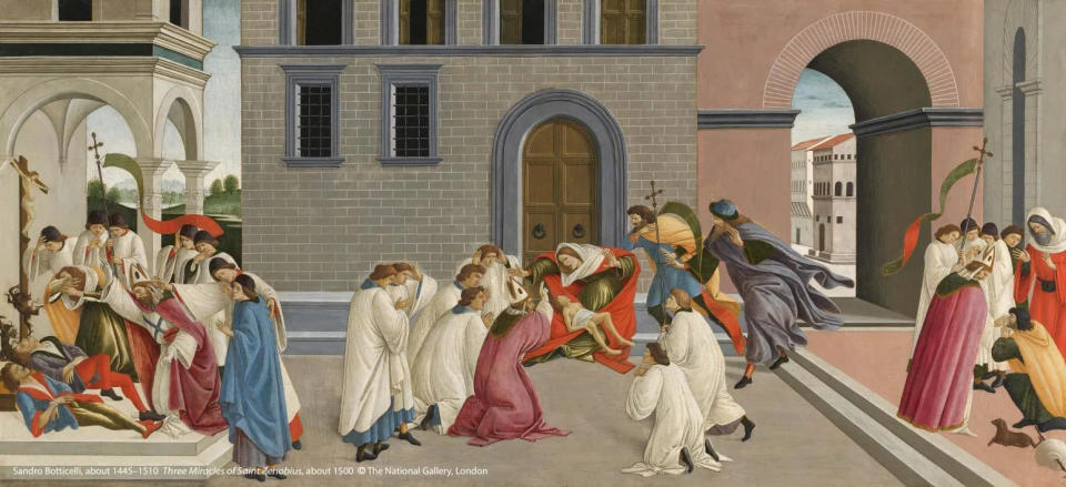 桑德羅．波堤切利（約1445-1510）作品〈聖澤諾比烏斯的三個奇蹟〉，約1500年創作。圖片版權：英國國家藝廊c（圖／奇美博物館提供）