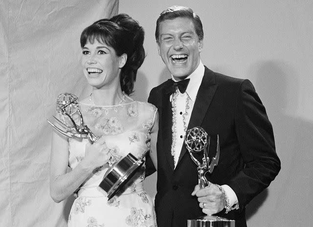 Getty Mary Tyler Moore and Dick Van Dyke with their Emmy Awards in 1966 for their performances on 'The Dick Van Dyke Show.'