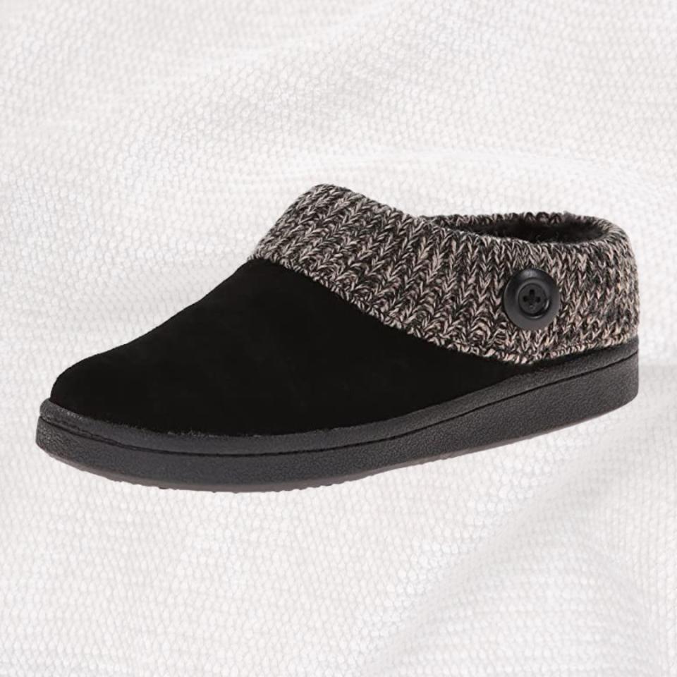 Amazon rating: 4.5 out of 5 starsThis suede and knit slipper features a synthetic sole to withstand outdoor wear, but can also be worn to keep your feet cozy indoors thanks to its faux wool lining. It comes in many colors, including black, navy blue, gray, brown, pink and burgundy, and in women's 5-11.Promising review: 