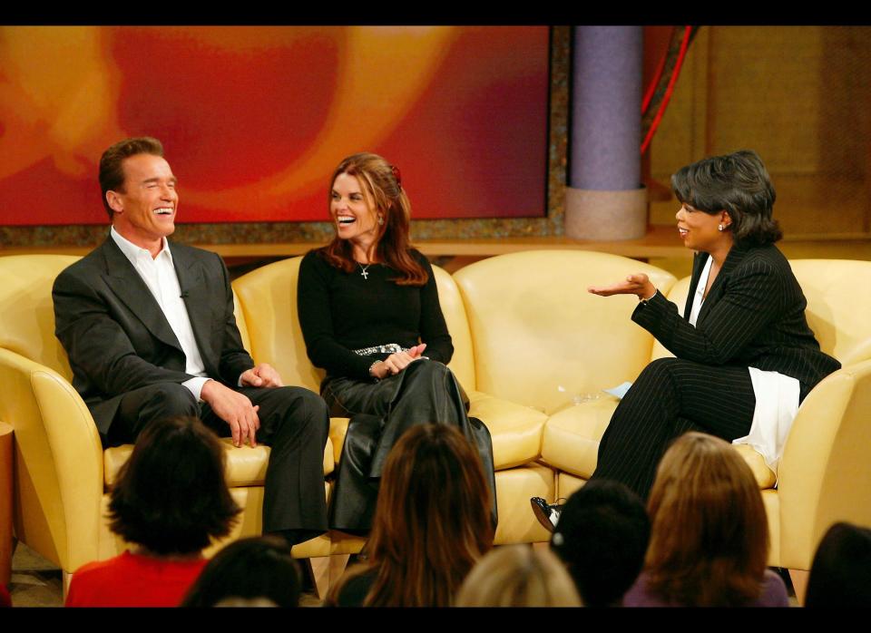 In this handout photo, actor and California gubernatorial candidate Arnold Schwarzenegger and his wife Maria Shriver appear live on 'The Oprah Winfrey Show's' season premiere September 15, 2003 in Chicago, Illinois. It is their first interview together as a couple since he announced his bid for governor of California. (Photo by George Burns/Harpo Productions via Getty Images/September 13, 2003) 