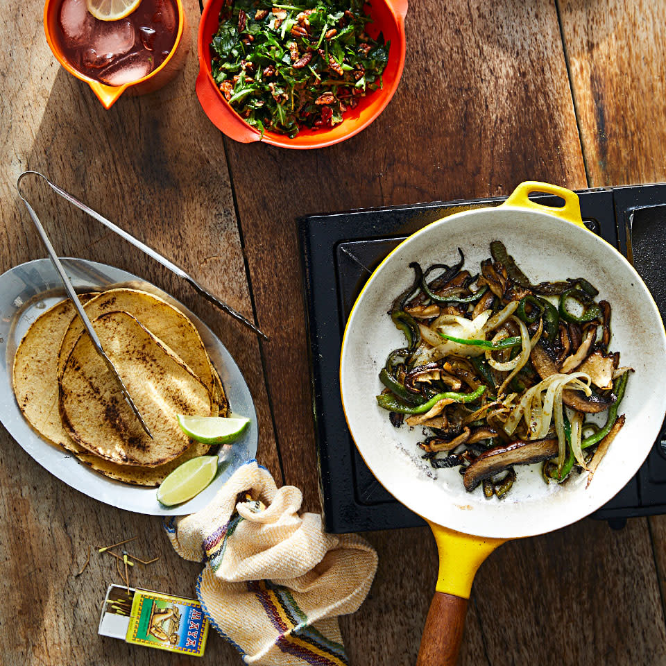 Mushroom Fajitas with Arugula-Pecan Salsa & Queso Fresco