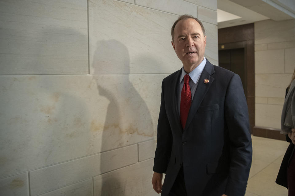 Rep. Adam Schiff, D-Calif., Chairman of the House Intelligence Committee arrives for a formerly planned joint committee deposition with Ambassador Gordon Sondland, with the transcript to be part of the impeachment inquiry into President Donald Trump, on Capitol Hill in Washington, Tuesday, Oct. 8, 2019. The Trump Administration ordered Ambassador Sondland not to appear. (AP Photo/Manuel Balce Ceneta)