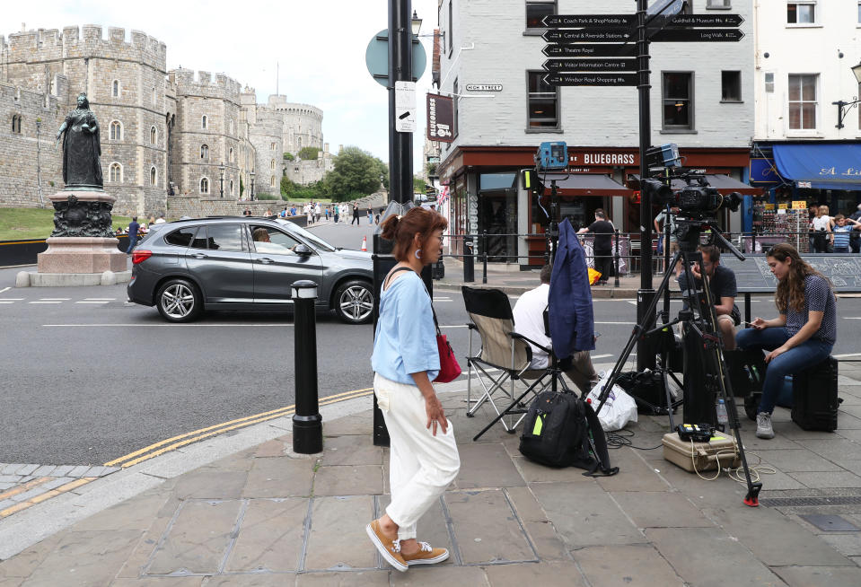 Camera crews set up in Windsor ahead of the royal christening of the Duke and Duchess of Sussex's son, Archie, at Windsor Castle tomorrow.