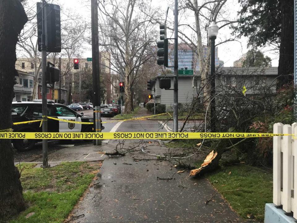 Storm damage is seen Wednesday, Jan. 27, 2021, at 14th and G streets in downtown Sacramento, Calif., after a fierce winter storm barreled across the Sacramento region.