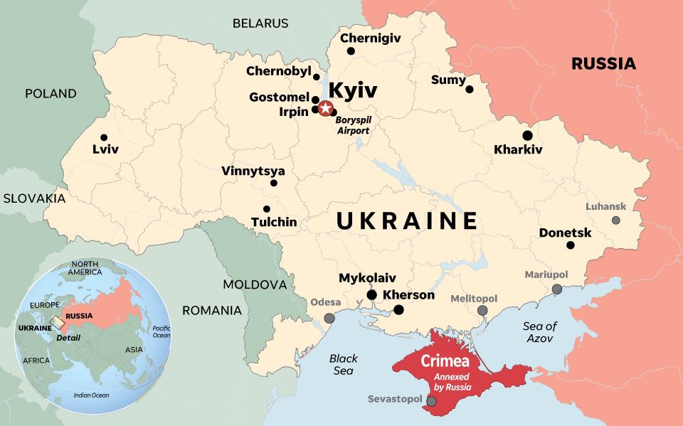 Map of Ukraine showing some of the cities affected by invading Russian troops during the first week of the conflict.