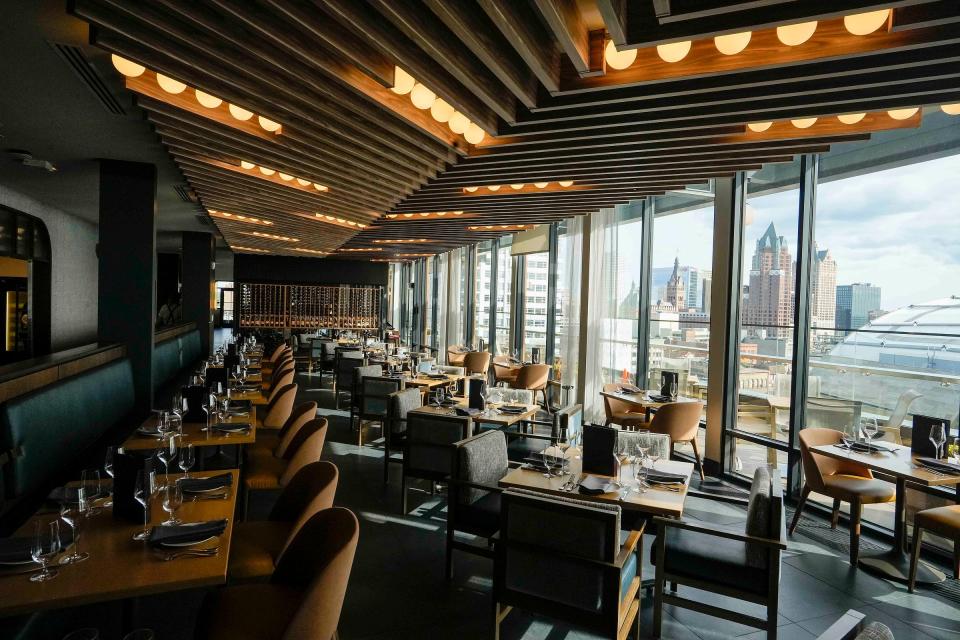 The main dining area at Il Cervo, pictured on Oct. 8, 2023, offers views of Fiserv Forum and downtown Milwaukee from the ninth floor of the Trade Hotel.
