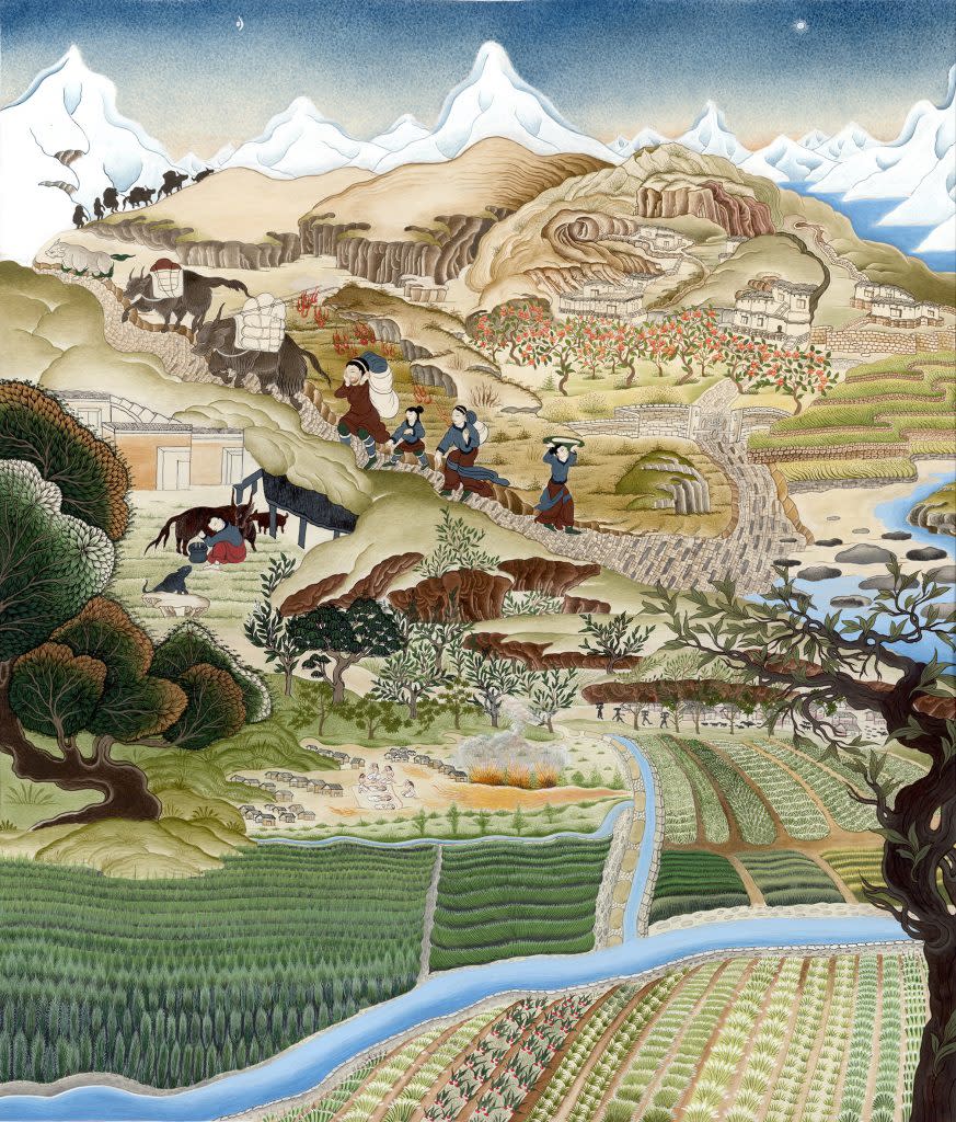 此圖為藝術家重建的CHO001生活場景，約公元前800年，他是一位在尼泊爾Chokhopani地區的長途商人，罹患瘧疾並被埋葬於此。圖中描繪了Lumbini省富饒的農田，這裡直到21世紀仍是瘧疾流行區域。村民們照顧瘧疾患者的場景在田地旁展開。Kali Gandaki河流滋潤了這片土地，這條古老的貿易路線穿過Mustang山區，通往西藏高原。CHO001與家人沿著古道攜帶貿易物品前行，途中被瘧疾發作的高燒之火所包圍。插圖由Purna Lama創作。