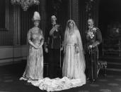 <p>King George V and Queen Mary's eldest daughter, Princess Mary, wore a classic 1920s lace gown with a sashed waist and long train to marry Viscount Lascelles, the 6th Earl of Harewood. </p>