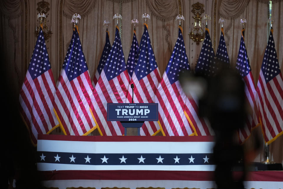 The stage is set before Republican presidential candidate former President Donald Trump speaks at a Super Tuesday election night party, Tuesday, March 5, 2024, at Mar-a-Lago in Palm Beach, Fla. (AP Photo/Rebecca Blackwell)