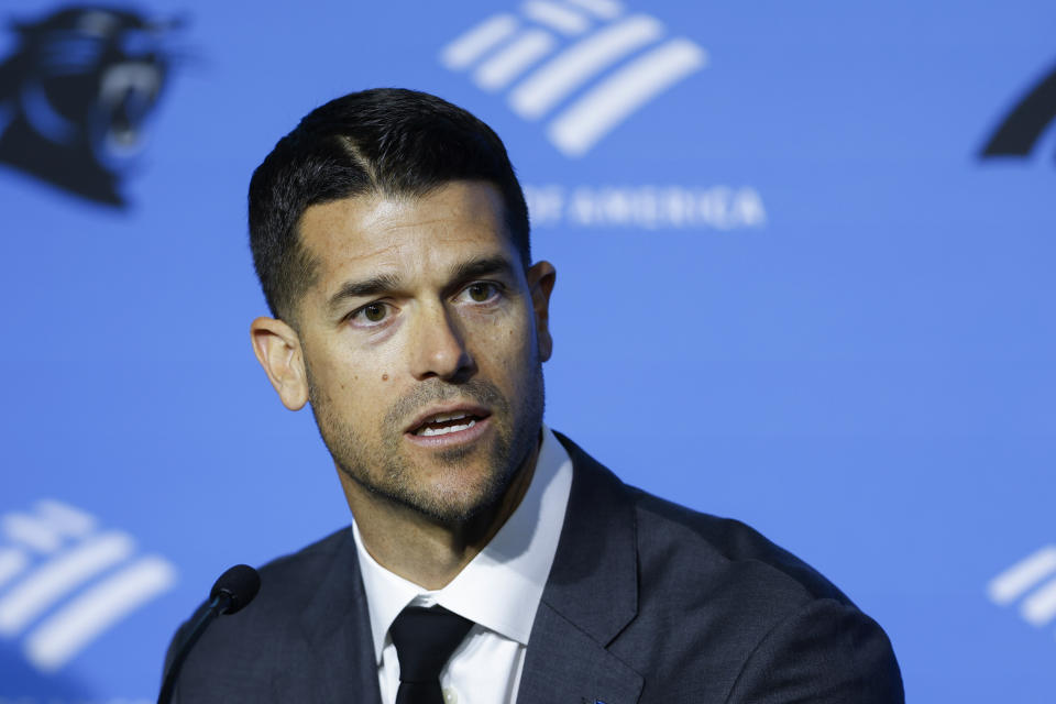 Dave Canales answers a question at a press conference introducing him as the new head coach for the Carolina Panthers NFL football team in Charlotte, N.C., Thursday, Feb. 1, 2024. (AP Photo/Nell Redmond)