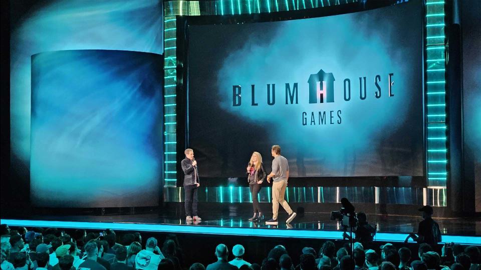Geoffy Keighley on stage talking about Blumhouse Games.