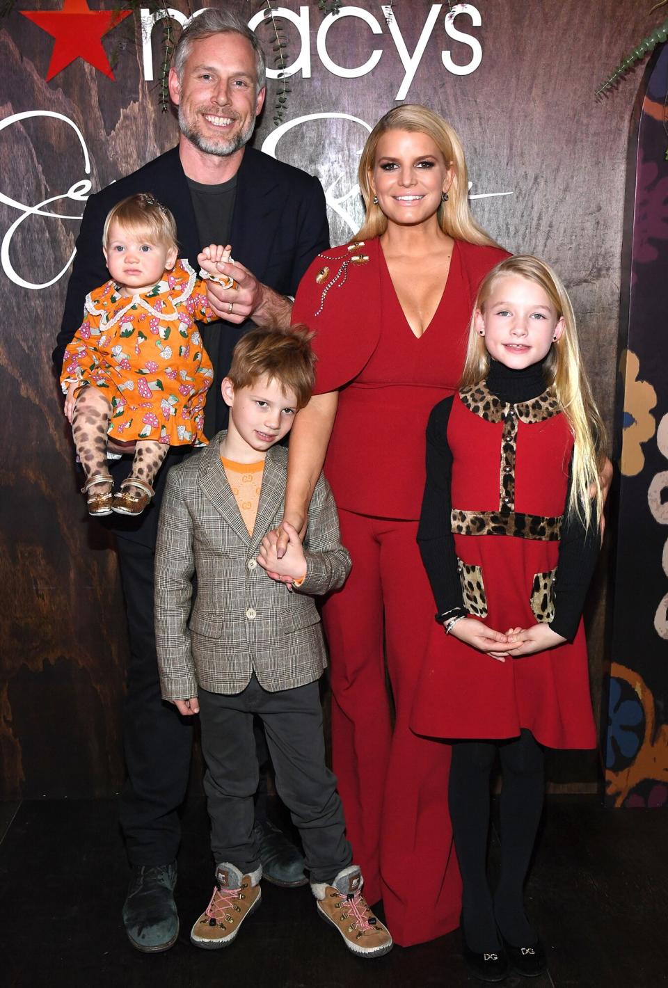 Jessica Simpson poses with Eric Johnson, Birdie Mae Johnson, Ace Knute Johnson and Maxwell Drew Johnson during a celebration of her memoir "Open Book" at at Macy's Stella 34 Trattoria on February 05, 2020 in New York City