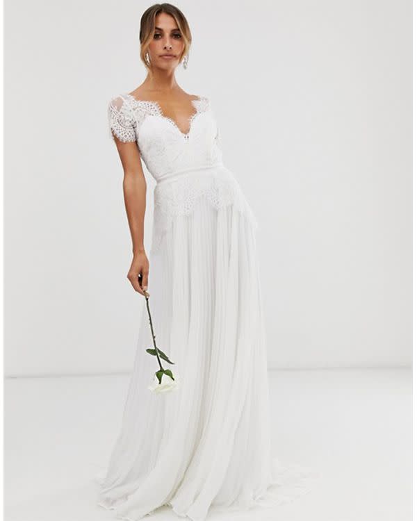 ASOS EDITION Sophia plunge lace wedding dress with pleated skirt