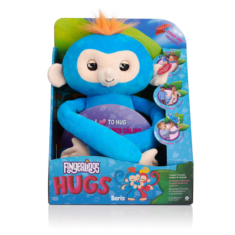 <a href="https://www.walmart.com/ip/Fingerlings-HUGS-Boris-Blue-Advanced-Interactive-Plush-Baby-Monkey-Pet-by-WowWee/488573152?sourceid=dsn_ov_c7a9cf6d-5a31-4f27-b686-aa5ce3690d5e&veh=dsn&wmlspartner=dsn_ov_c7a9cf6d-5a31-4f27-b686-aa5ce3690d5e&cn=FY19-Holiday-449304-ABTS--Q4_aw_hw_dsn_dis_ov_xcat" rel="nofollow noopener" target="_blank" data-ylk="slk:Fingerlings HUGS;elm:context_link;itc:0;sec:content-canvas" class="link ">Fingerlings HUGS</a> in its box. The toys are getting great reviews from toy experts. (Photo: Walmart)