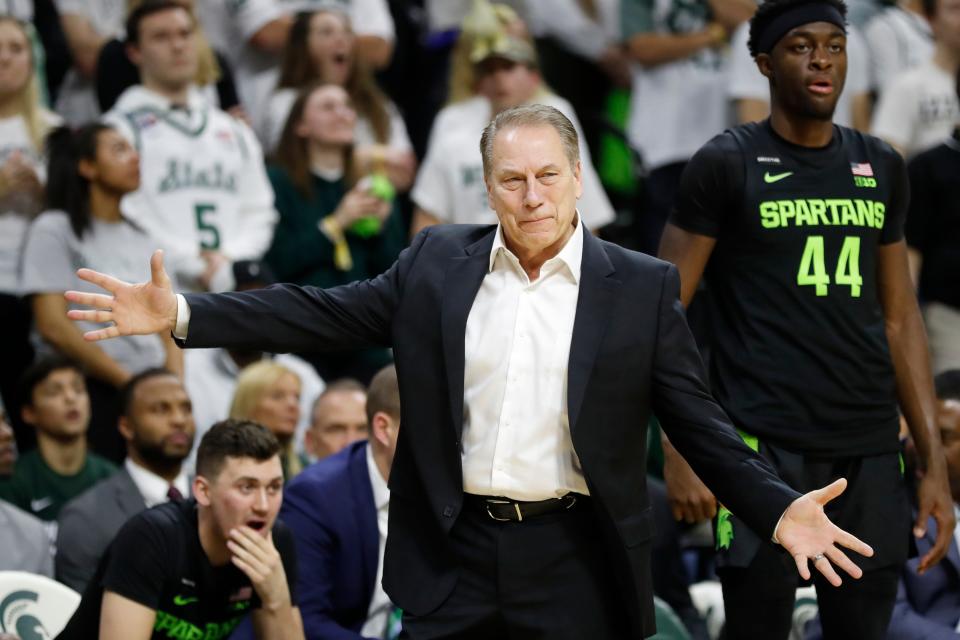 Michigan State head coach Tom Izzo reacts on the sideline during the first half of an NCAA college basketball game against Wisconsin, Friday, Jan. 17, 2020, in East Lansing, Mich. (AP Photo/Carlos Osorio) ORG XMIT: MICO104