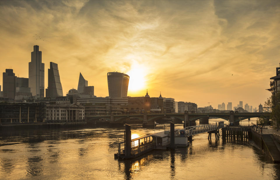 Skyline of the city of London and Tower Bridge taken from the Millenium Bridge at dawn during the coronavirus pandemic on the 24th April 2020 in London, United Kingdom.  (photo by Barry Lewis/InPictures via Getty Images)