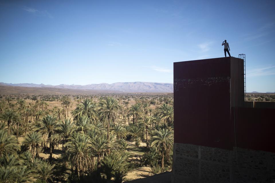 A man looks out at a palm grove in the Nkob town, near Zagora, Morocco, Monday, Nov. 28, 2022. The centuries-old oases that have been a trademark of Morocco are under threat from climate change, which has created an emergency for the kingdom's agriculture. (AP Photo/Mosa'ab Elshamy)