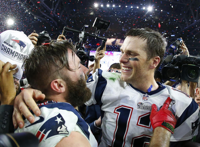 Tom Brady and Julian Edelman New England Patriots Unsigned Super Bowl LIII  Celebration Photograph