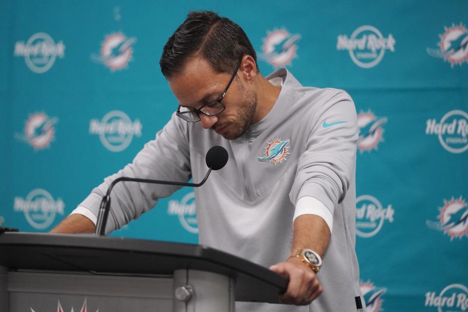 Dolphins coach Mike McDaniel emotionally reflects on the loss of team Senior Vice President Jason Jenkins.