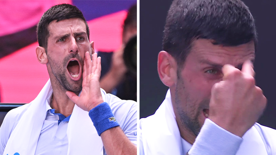 Novak Djokovic gets angry at his players box.