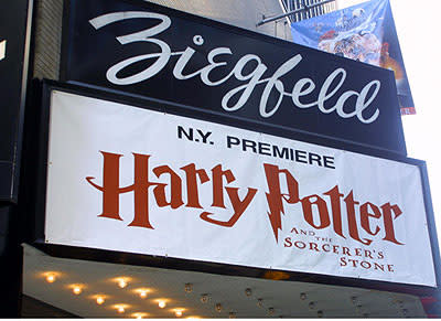 The Ziegfeld Theater marquee at the New York premiere of Warner Brothers' Harry Potter and The Sorcerer's Stone