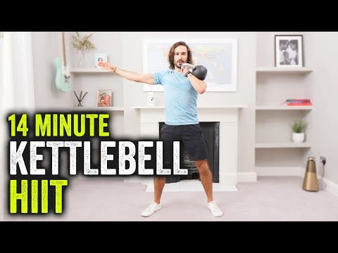 <p><strong>Targets: Full body</strong></p><p>He's the nation's PE teacher and, now, he could be your kettlebell instructor too. With a speedy intermediate sesh, all Joe needs is 14 minutes to get you sweaty and strong. Working in 35 second intervals, you'll perform bread-and-butter kettlebell exercises like kettlebell swings, <a href="https://www.womenshealthmag.com/uk/fitness/strength-training/a708464/how-to-squat-properly/" rel="nofollow noopener" target="_blank" data-ylk="slk:squat variations;elm:context_link;itc:0;sec:content-canvas" class="link ">squat variations</a>, lunges and presses. </p><p><a href="https://www.youtube.com/watch?v=M-oUa3zyFbo&ab_channel=TheBodyCoachTV" rel="nofollow noopener" target="_blank" data-ylk="slk:See the original post on Youtube;elm:context_link;itc:0;sec:content-canvas" class="link ">See the original post on Youtube</a></p>