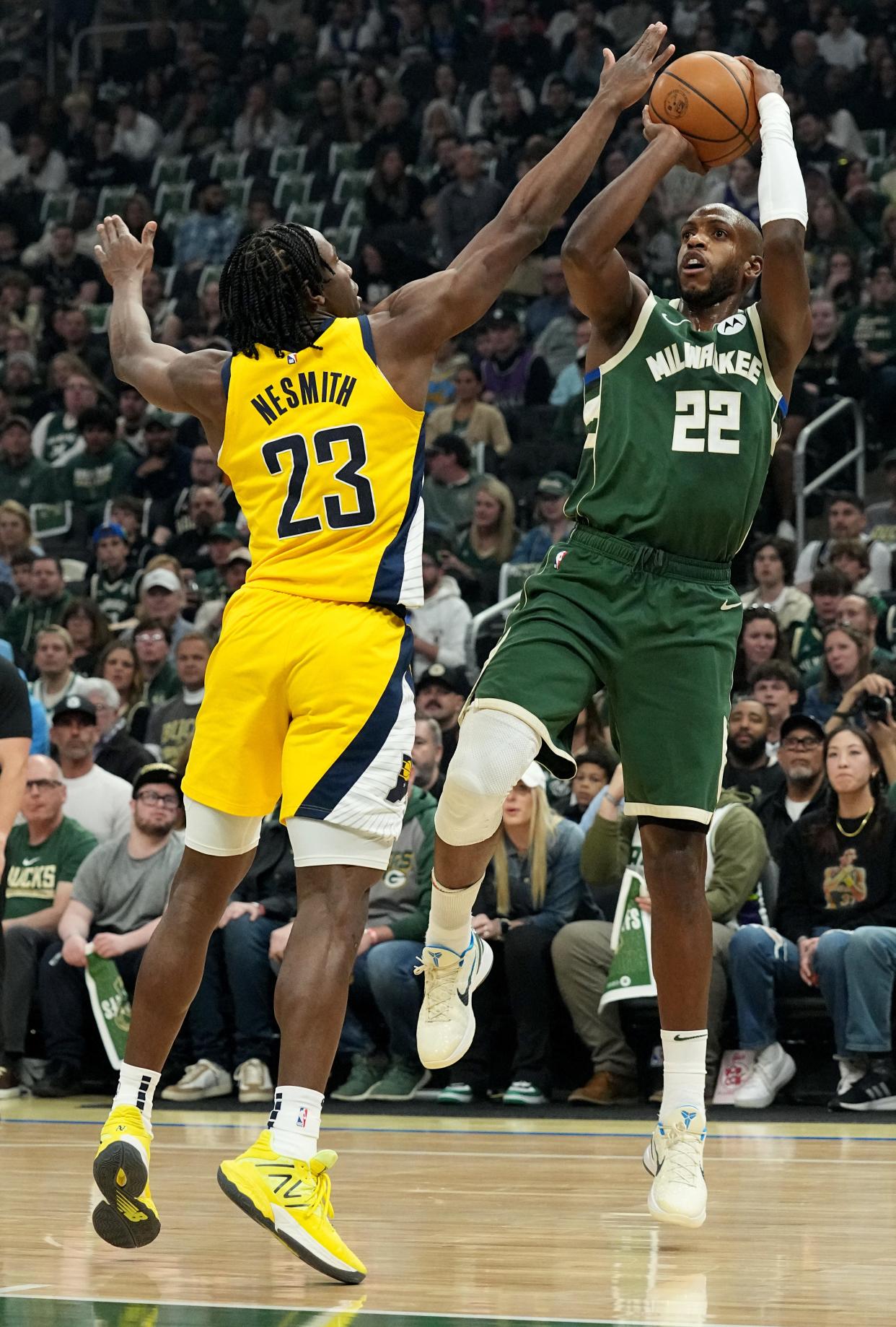Bucks forward Khris Middleton had 23 points with 10 rebounds and four assists in Game 1 of the playoff series against the Pacers on Sunday.